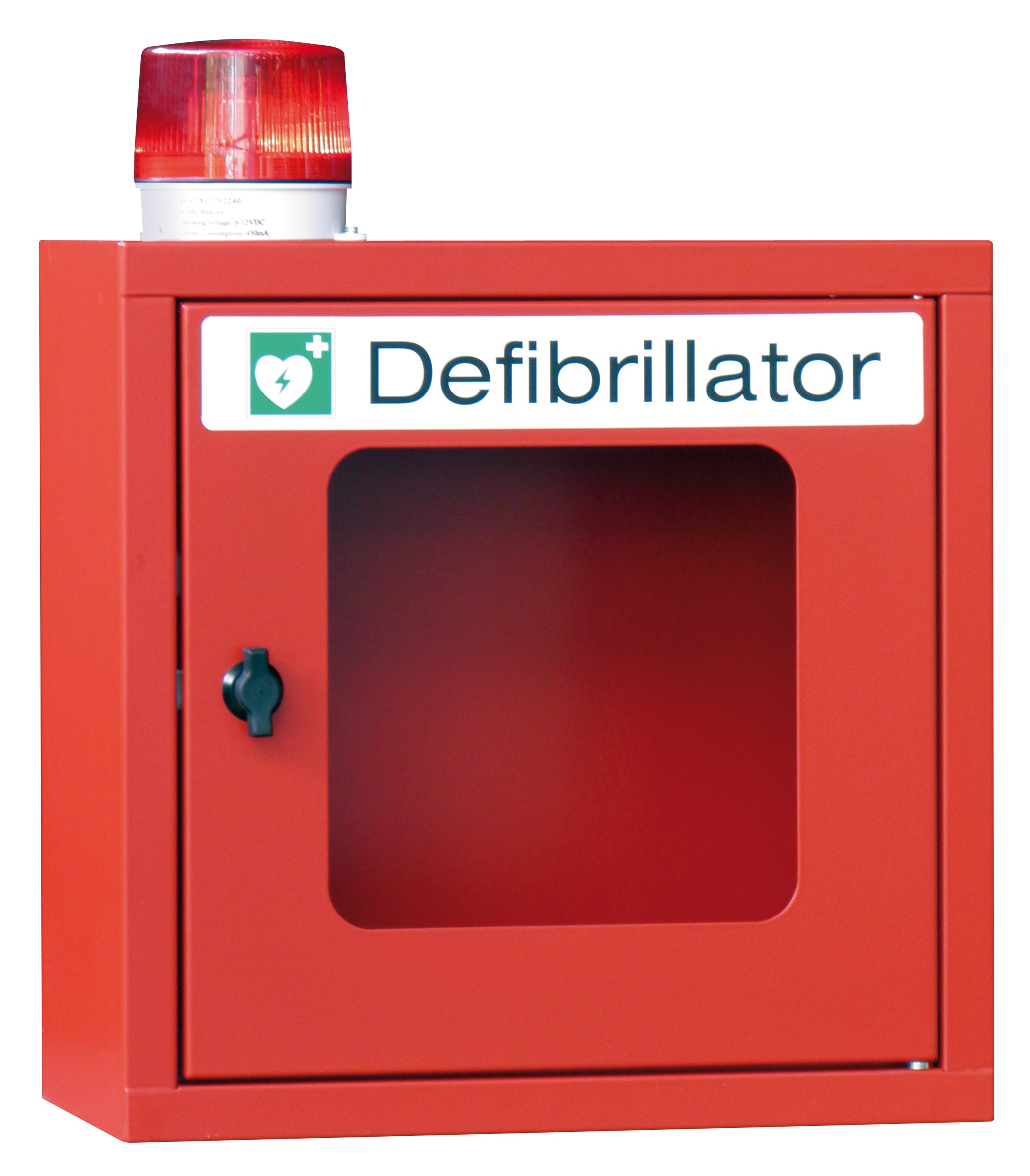 Stahl-Wandschrank für Defibrillator AED mit Kunststoffschauglas, Alugriff, akkustischem Alarm und Alarmleuchte 