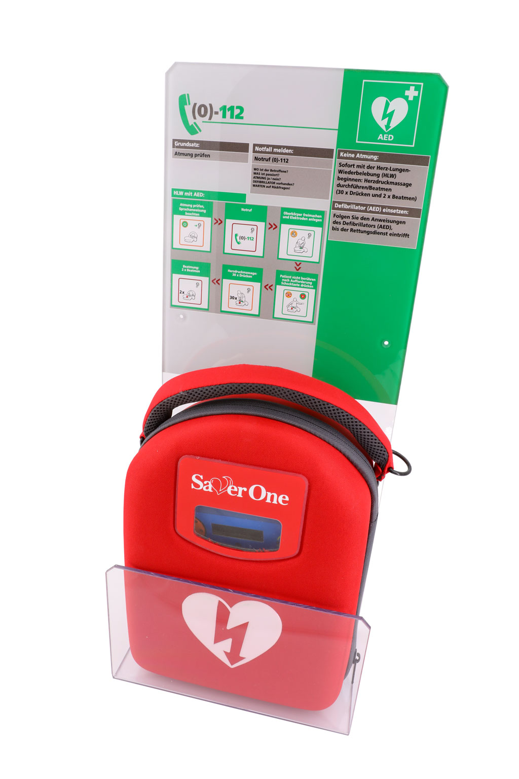 Design-Acrylglaswinkel mit Erste-Hilfe-Tafel (DGUV) für alle Defibrillator Marken