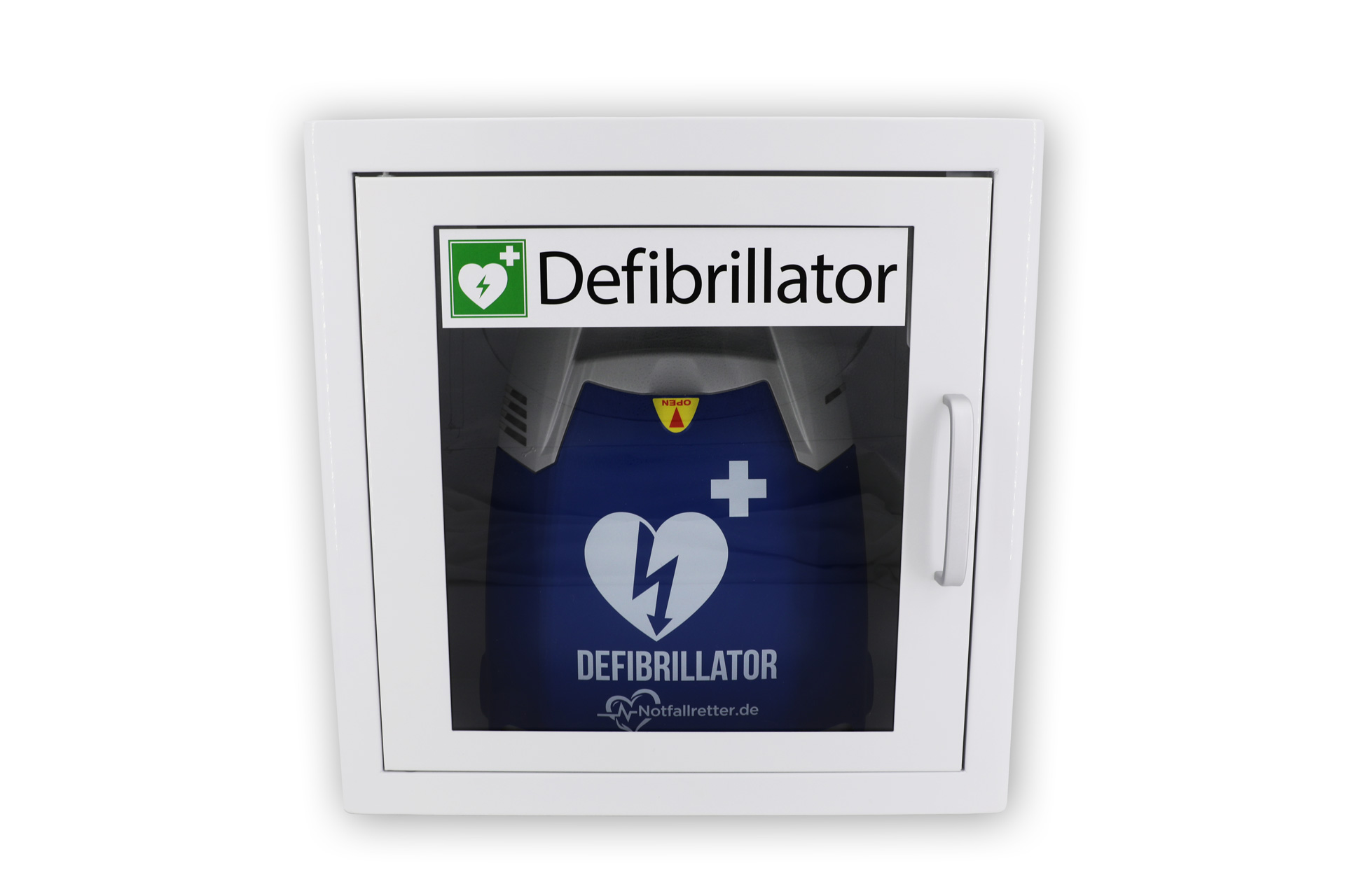 Wandschrank für Defibrillator AED mit Kunststoffschauglas und Alugriff aus Metall