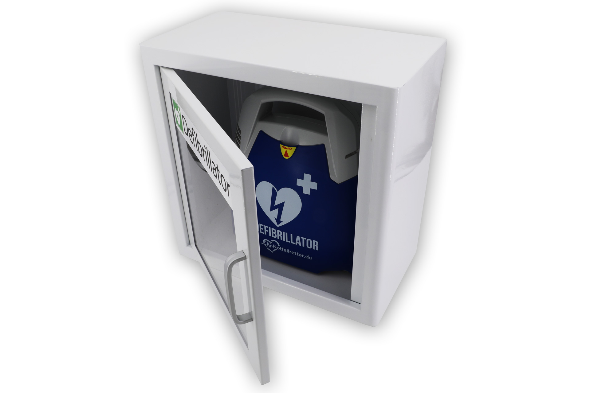 Metall-Wandschrank ohne Alarm für Defibrillator AED mit Kunststoffschauglas und Alugriff