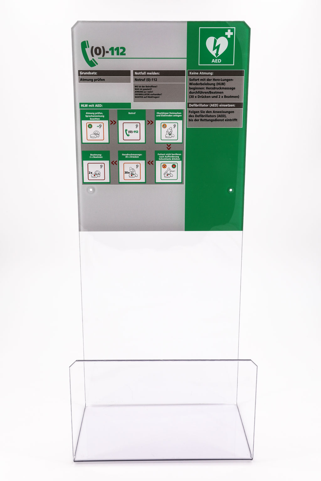 Design-Acrylglaswinkel mit Erste-Hilfe-Tafel (DGUV) für alle Defibrillator Marken